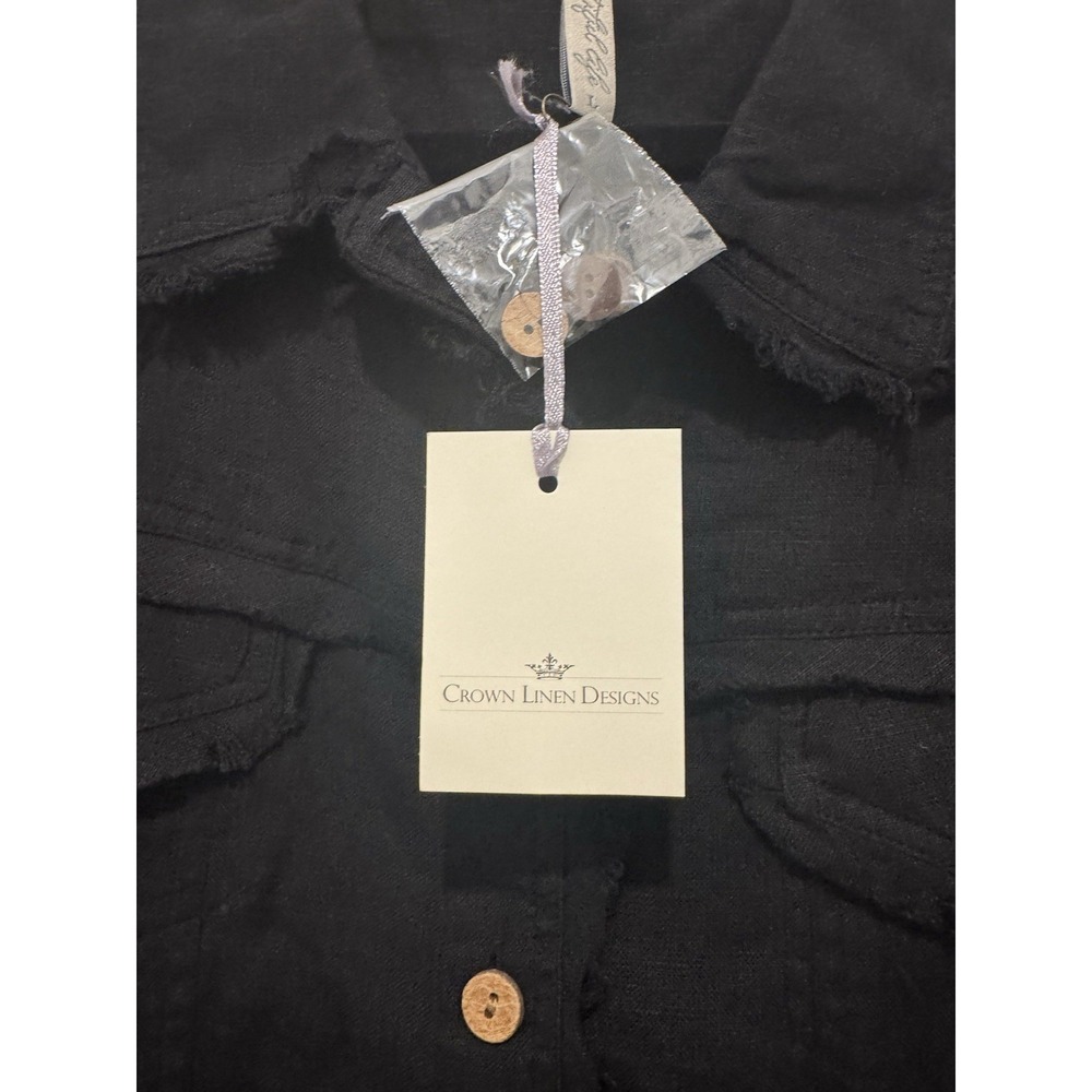 NWT Crown Linen Designs 100% Linen Jacket XL Black Raw Edge Cropped Shacket Boho - Picture 8 of 12